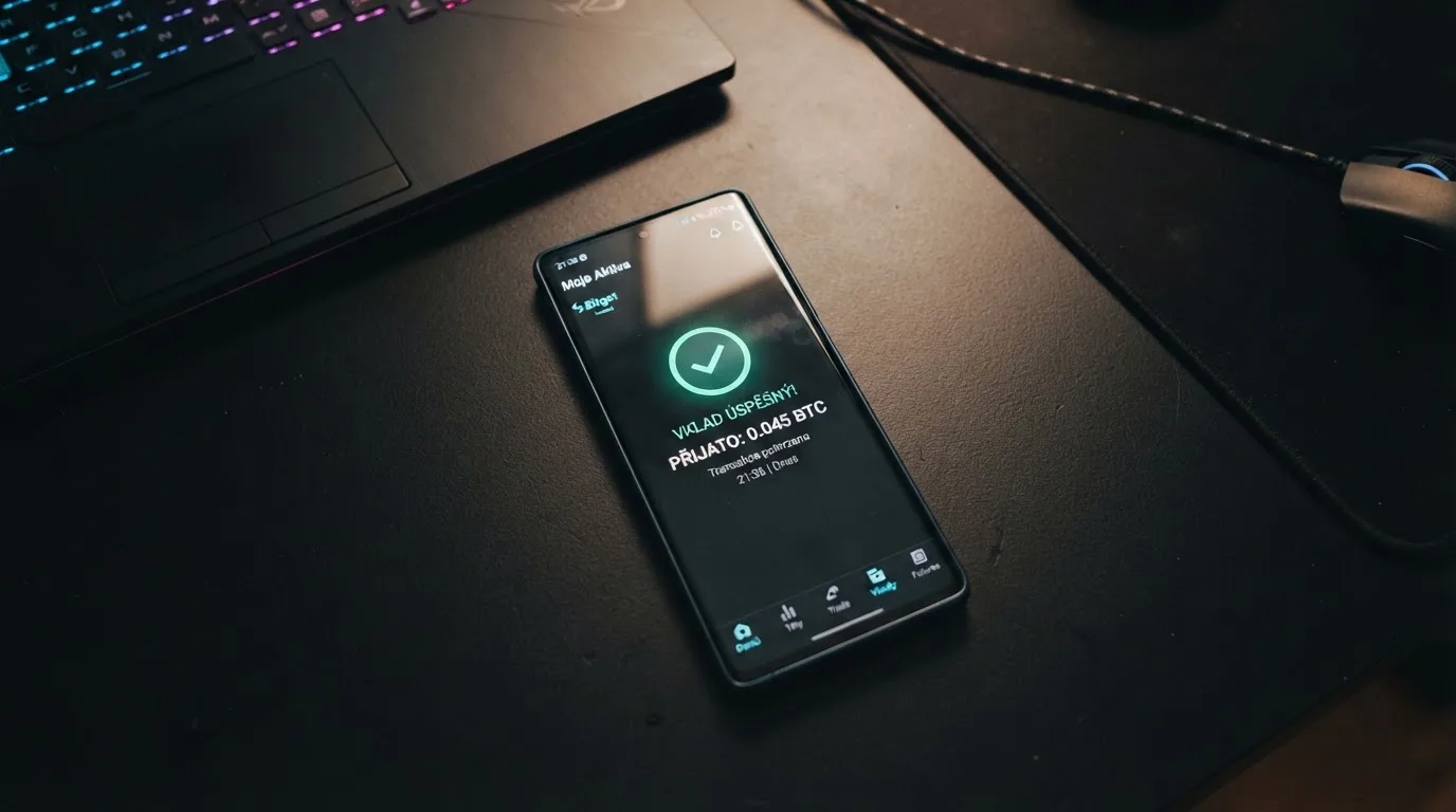 Mobilní telefon zobrazující bitcoinovou peněženku s dokončenou transakcí do online kasina