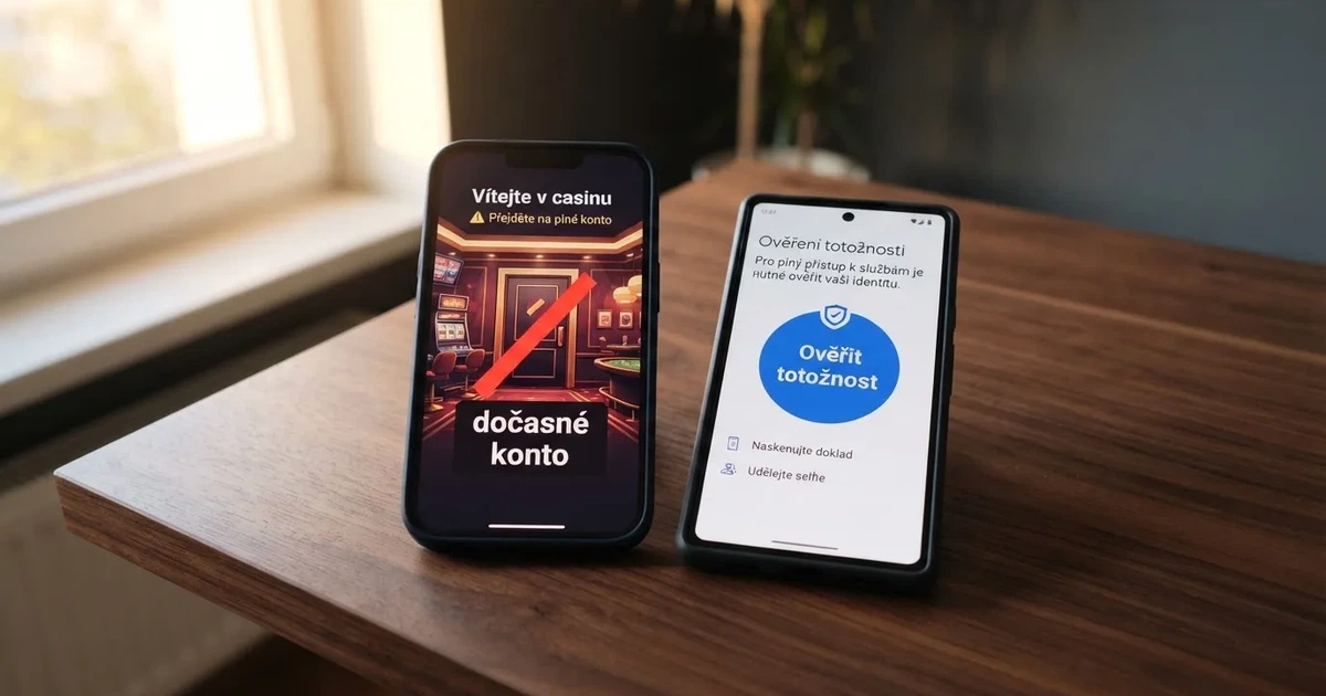 Dva mobilní telefony vedle sebe — na levém displeji ikona casina s červeně přeškrtnutým nápisem „dočasné konto“, na pravém rozhraní BankID s modrým tlačítkem „Ověřit totožnost“