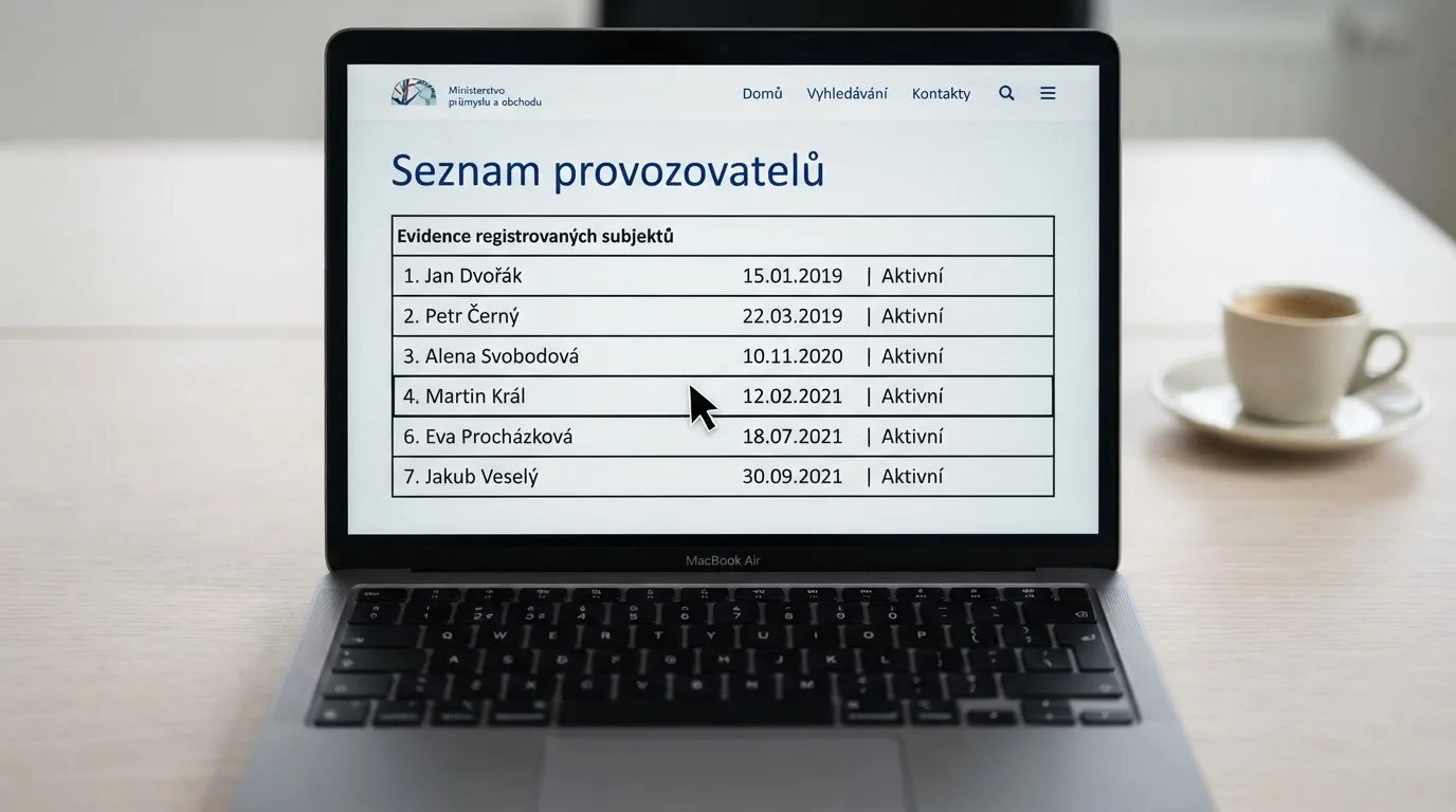 Detail obrazovky s otevřeným Seznamem provozovatelů ZHH na webu MF ČR, kurzor ukazuje na řádek s názvem licencovaného operátora