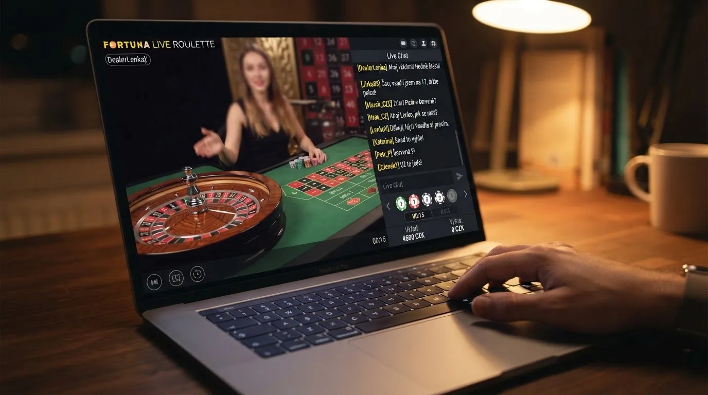 Detail chatu s česky mluvícím krupiérem na obrazovce živé rulety