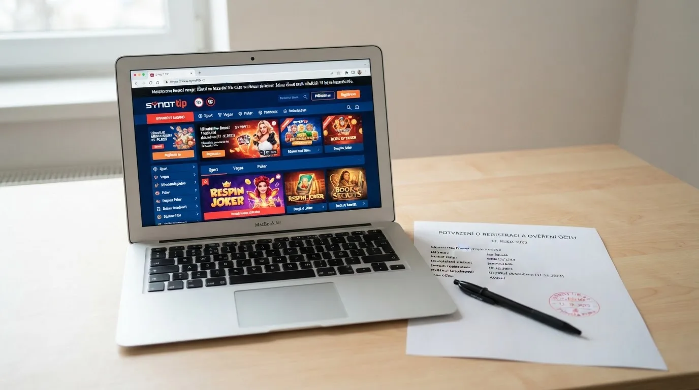 Dokument s razítkem Ministerstva financí ČR vedle obrazovky online casina s českou doménou .cz