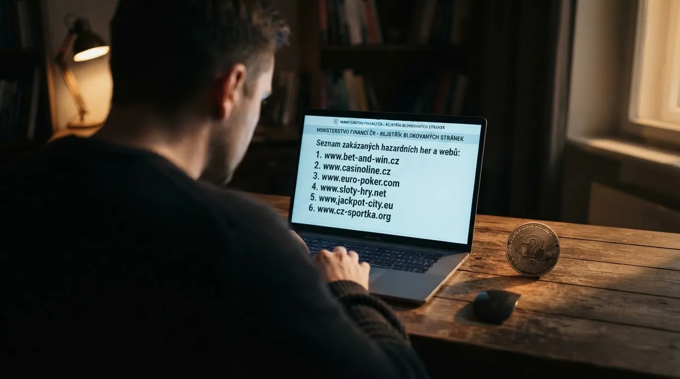 Úřední dokument s razítkem a varovným piktogramem, vedle ikony Bitcoinu s otazníkem