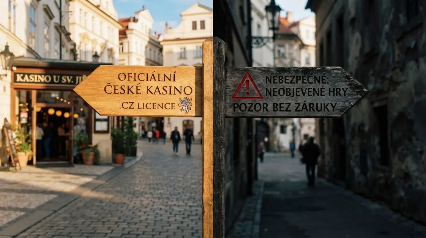 Rozcestník: na jedné straně logo MF ČR a .cz domény, na druhé výstražný symbol a nápis „bez české licence“