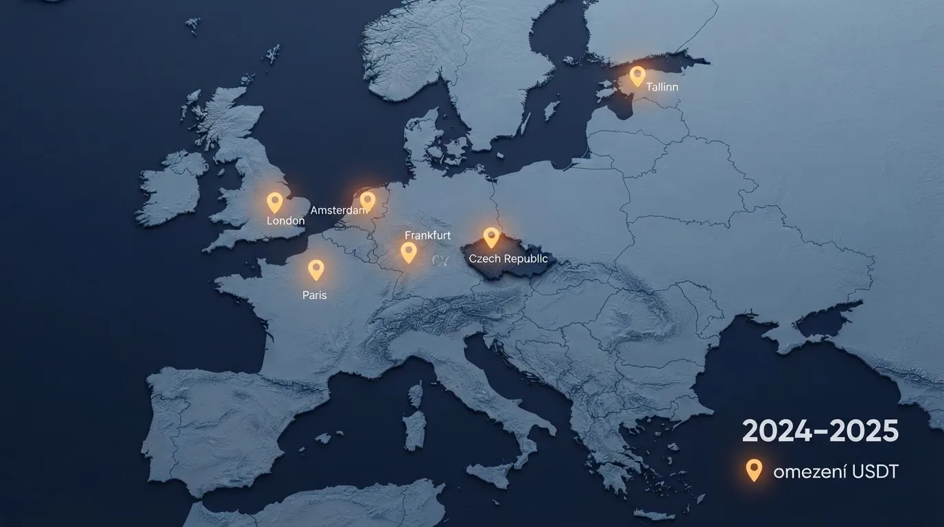 Mapa Evropy s vyznačením burz, které v letech 2024–2025 omezily či ukončily obchodování s USDT pro evropské uživatele — Coinbase, Binance, Crypto.com, Kraken, Revolut