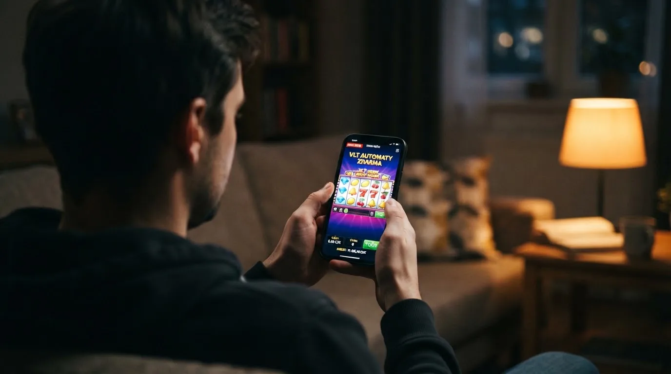 Mobilní telefon s otevřenou casino aplikací v demo režimu, na pozadí loga Tipsport, Fortuna a Sazka Hry
