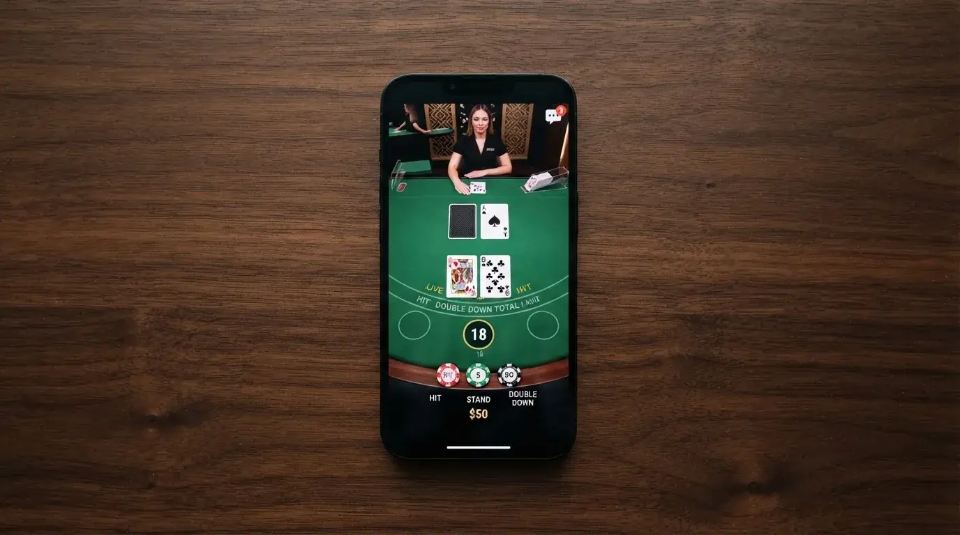 Hra live blackjacku na displeji mobilního telefonu s viditelným krupiérem, chatem a sázkovými pozicemi