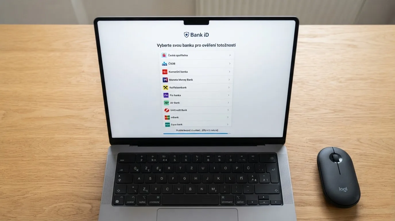 Rozhraní Bank iD na obrazovce notebooku — seznam podporovaných bank s logy České spořitelny, ČSOB, Air Bank a dalších, vedle něj ukazatel průběhu registrace
