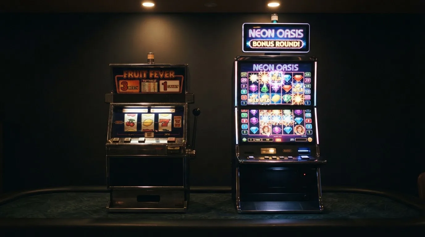 Vedle sebe klasický tříválcový ovocný automat a moderní pětiválcový slot — kontrast designu a počtu výherních linií