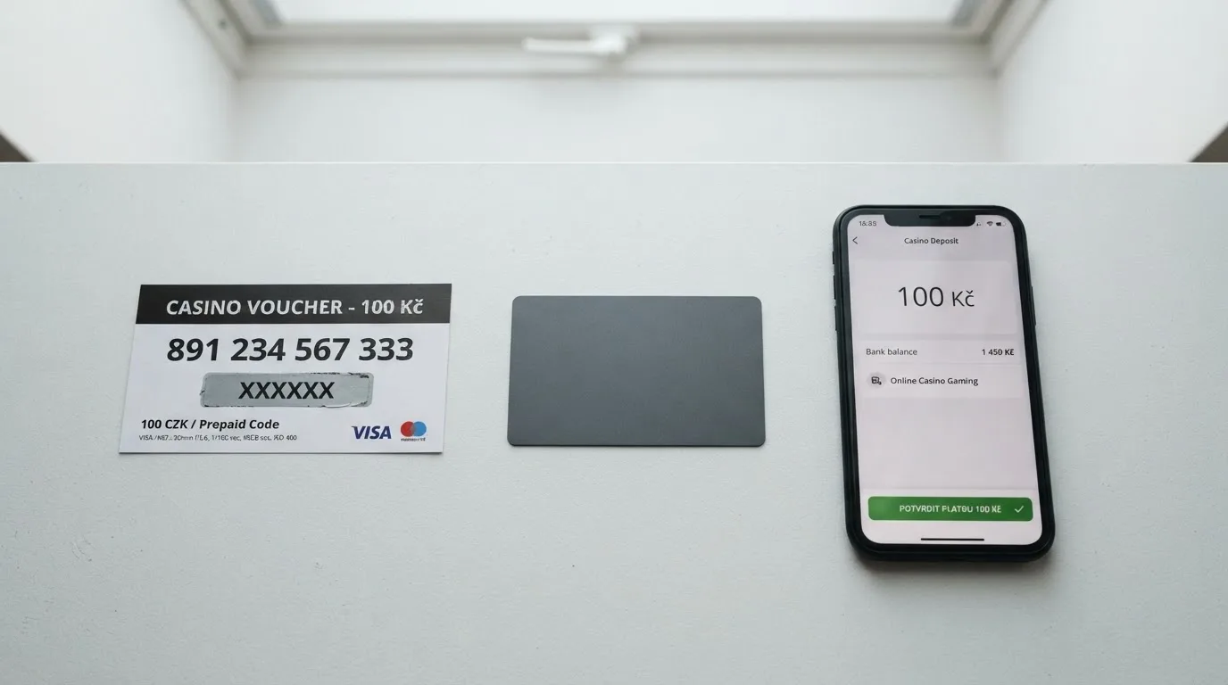 Paysafecard voucher, platební karta a mobil s banking aplikací leží vedle sebe na stole — tři nejběžnější způsoby, jak vložit 100 Kč do online casina