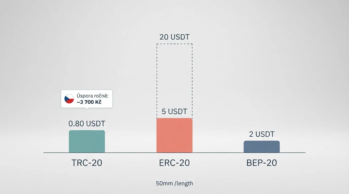 Srovnání poplatků a rychlostí tří blockchainových sítí pro převod USDT — TRC-20, ERC-20 a BEP-20 — s grafickým znázorněním nákladů při vkladu 100 USDT