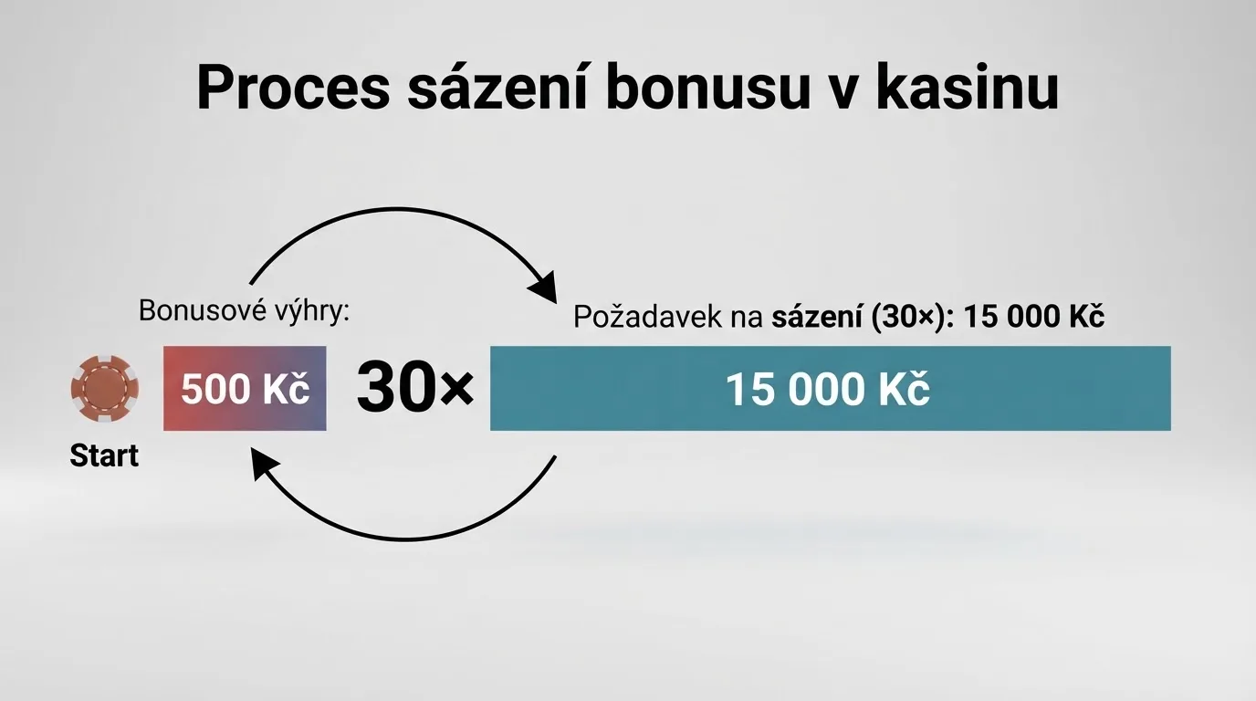 Přehledná vizualizace procesu protočení: ikona bonusu, šipky znázorňující násobek wageringu, cifra ukazující celkovou částku k prosázení
