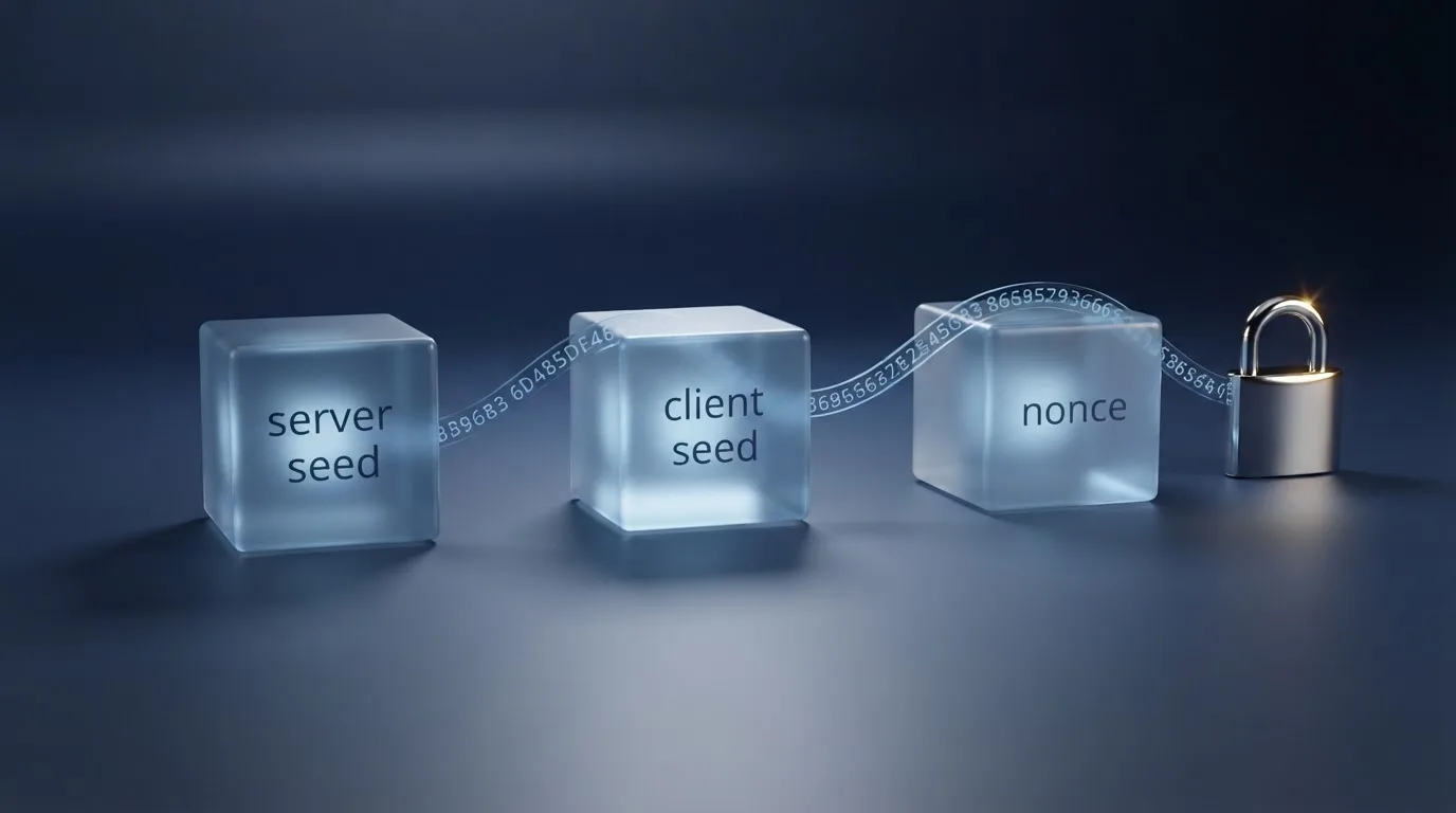 Diagram tří prvků — server seed, client seed a nonce — s řetězcem hashe a ikonou visacího zámku