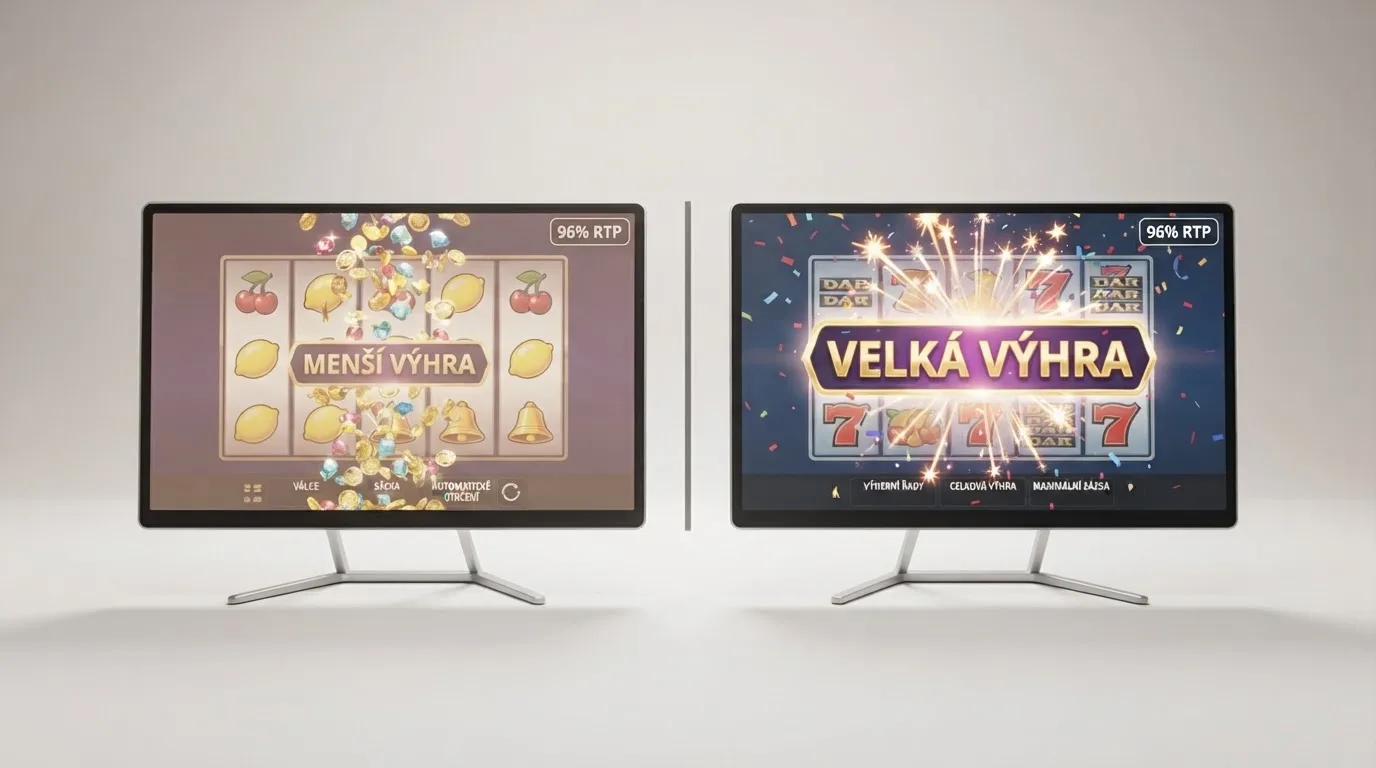 Grafické srovnání dvou automatů se stejným RTP — první s nízkou volatilitou, druhý s vysokou volatilitou