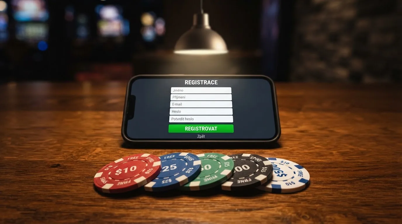 Stůl s rozloženými bankovkami, žetony s nápisem „free spins“ a mobilem zobrazujícím registrační formulář českého online casina