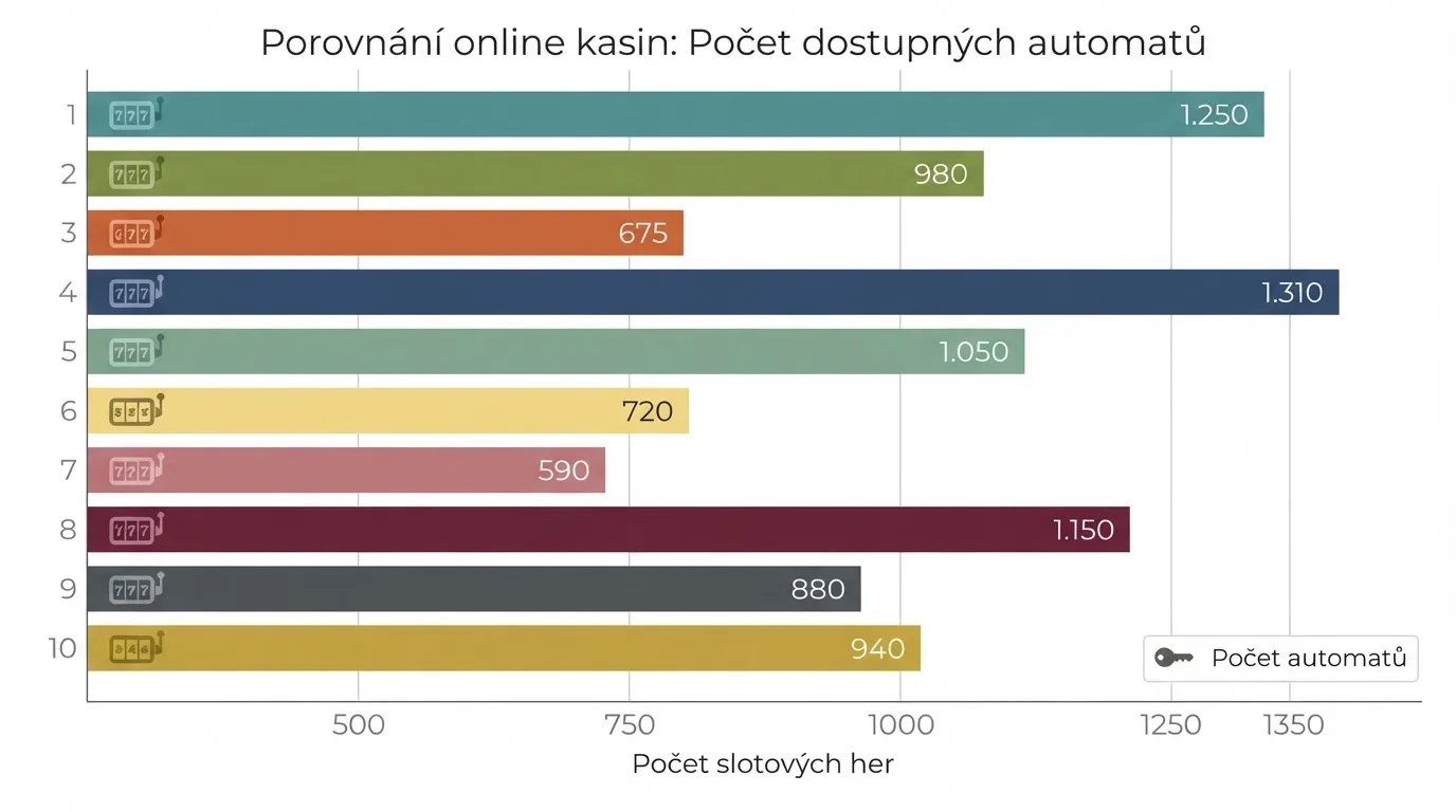 Srovnávací přehled deseti licencovaných online kasin pro hraní automatů za peníze — loga, počty her a klíčové parametry