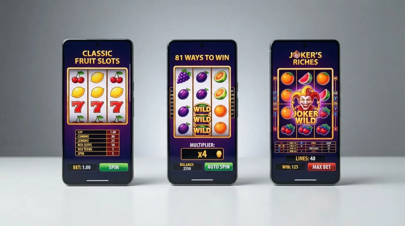Koláž obrazovek tří klasických automatů (Multiplay 81, Respin Joker, Fire Joker) s viditelnými ovocnými symboly a výherními tabulkami