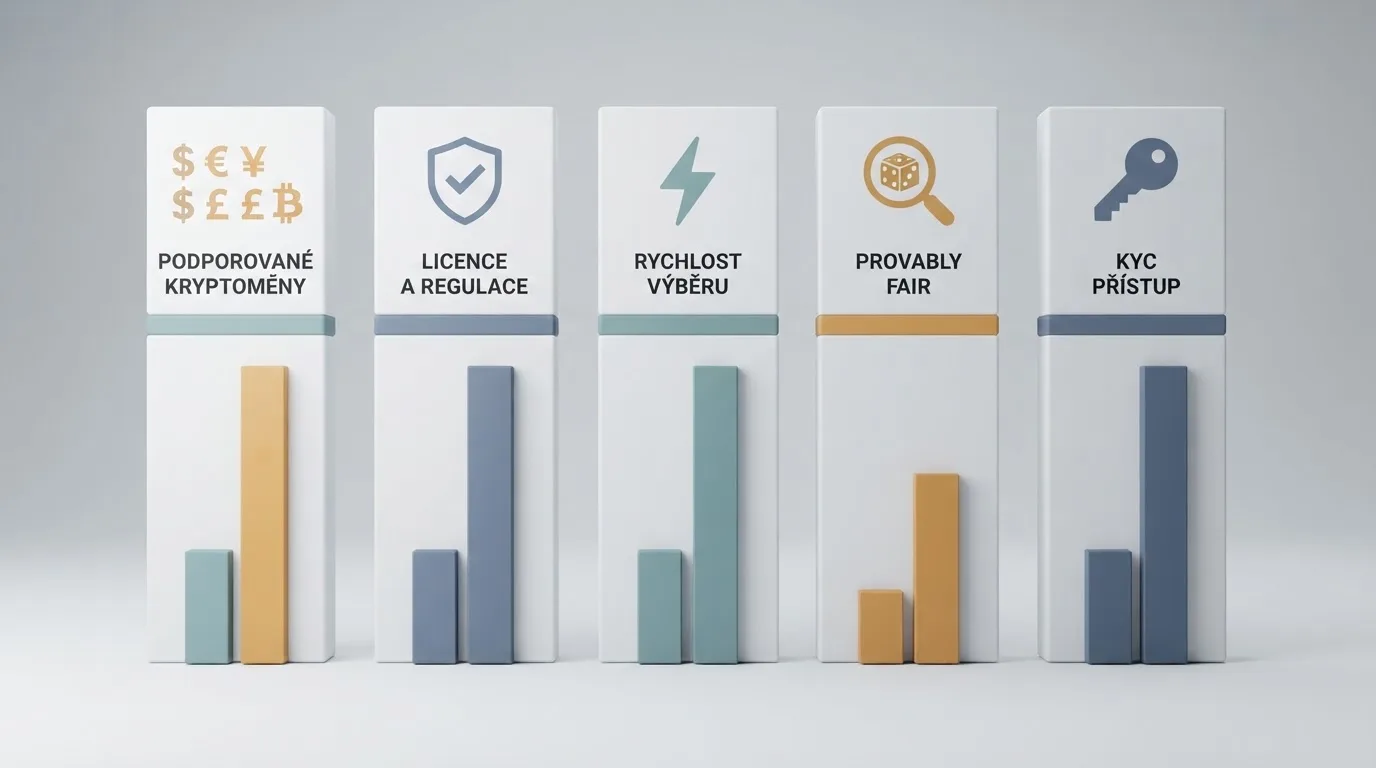Infografika srovnávající pět klíčových parametrů krypto kasin: podporované kryptoměny, licenci, rychlost výběru, provably fair a přístup ke KYC — zobrazeno jako přehledné sloupce s ikonami, bez značek operátorů.