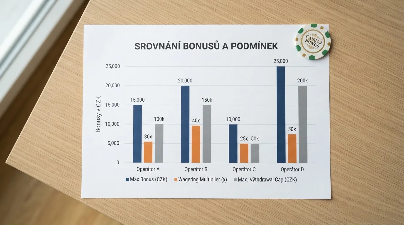 Přehledné srovnání výše bonusů bez vkladu, protočení a maximálního výběru napříč vybranými operátory