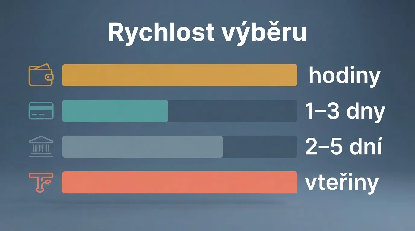 Infografické srovnání platebních metod podle rychlosti: e-peněženka, platební karta, bankovní převod, výběr na pobočce